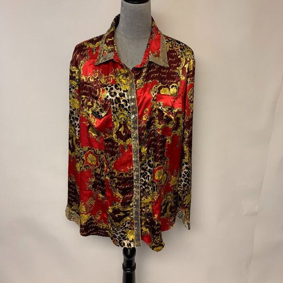 Baby Phat Womens Size 2X Blouse Sequins Leopard Multi Print Unique Button up - Picture 1 of 12
